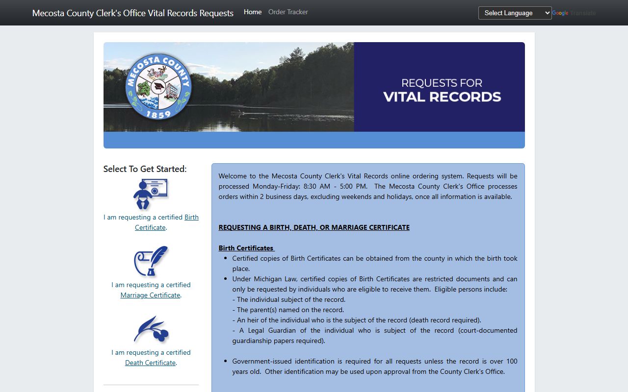 Permitium vital records ordering portal for Mecosta County Clerk certificate requests