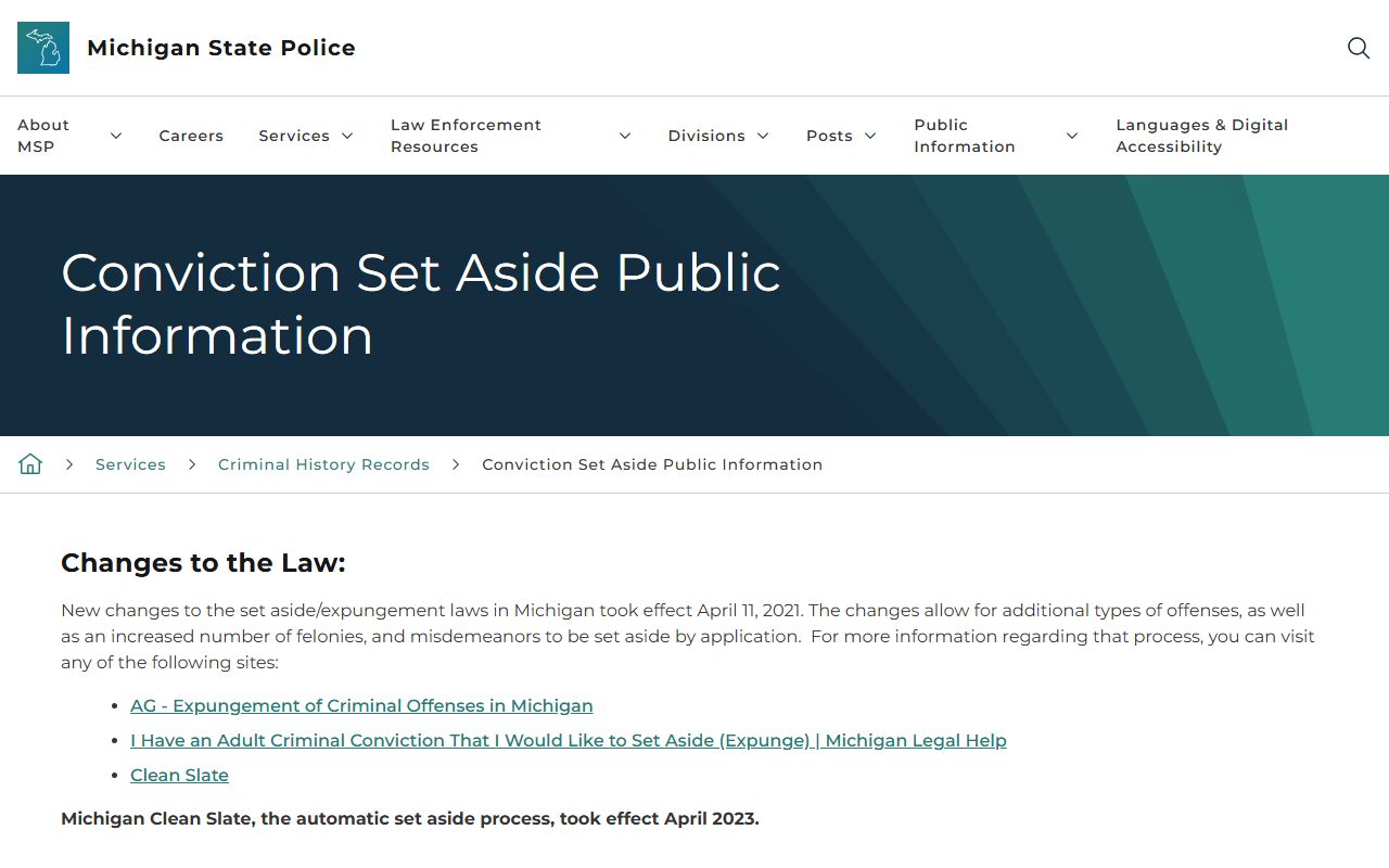 Mecosta County set-aside conviction and charge records information from the Michigan State Police