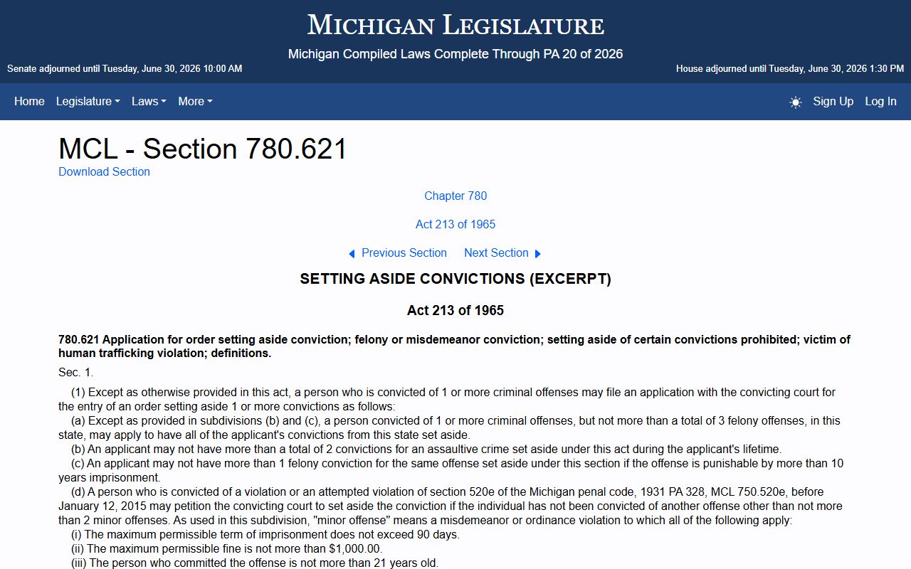 Mecosta County criminal court records Michigan set-aside statute MCL 780.621 for expungement