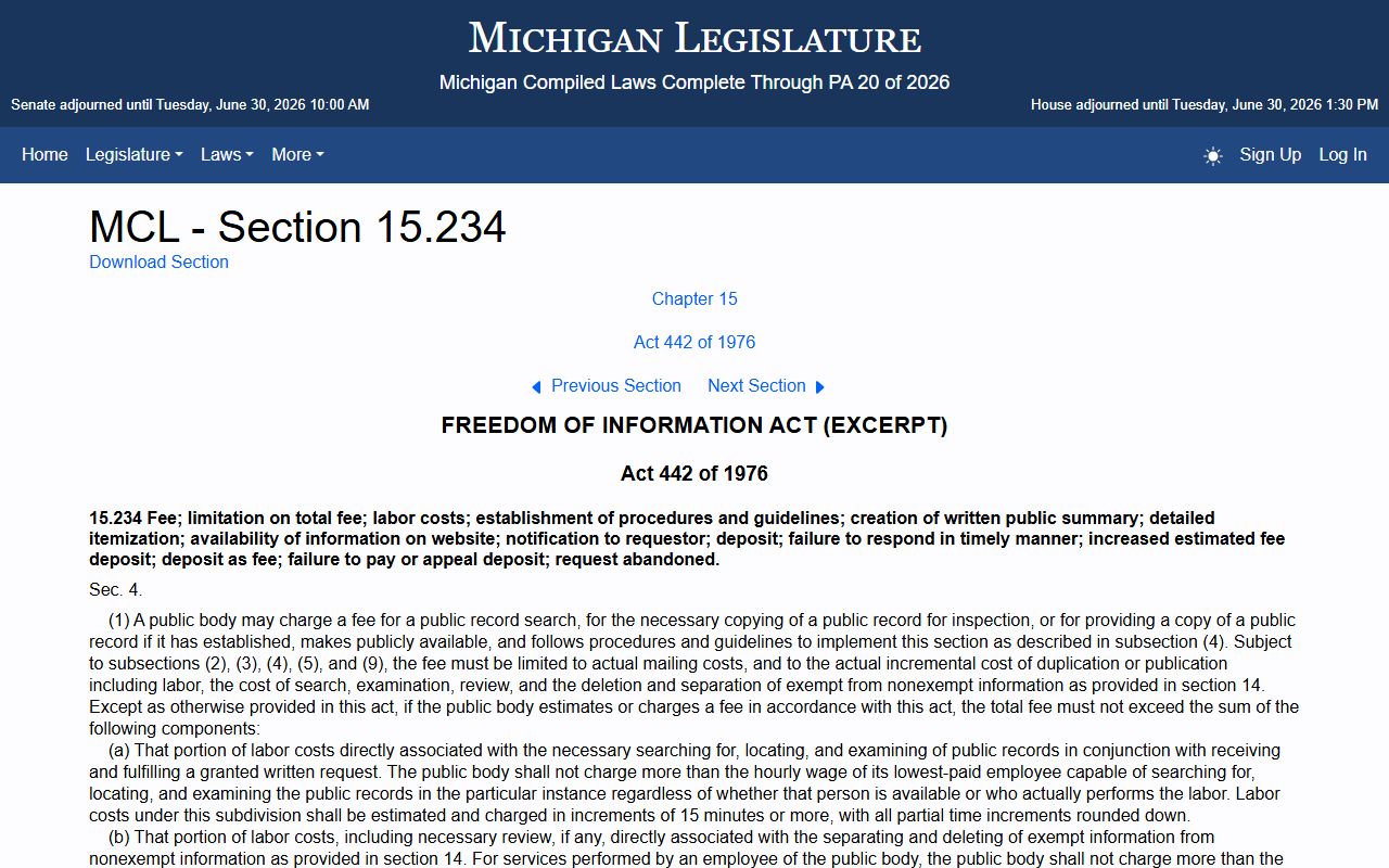 Michigan FOIA fee statute for Mecosta County Circuit Court records