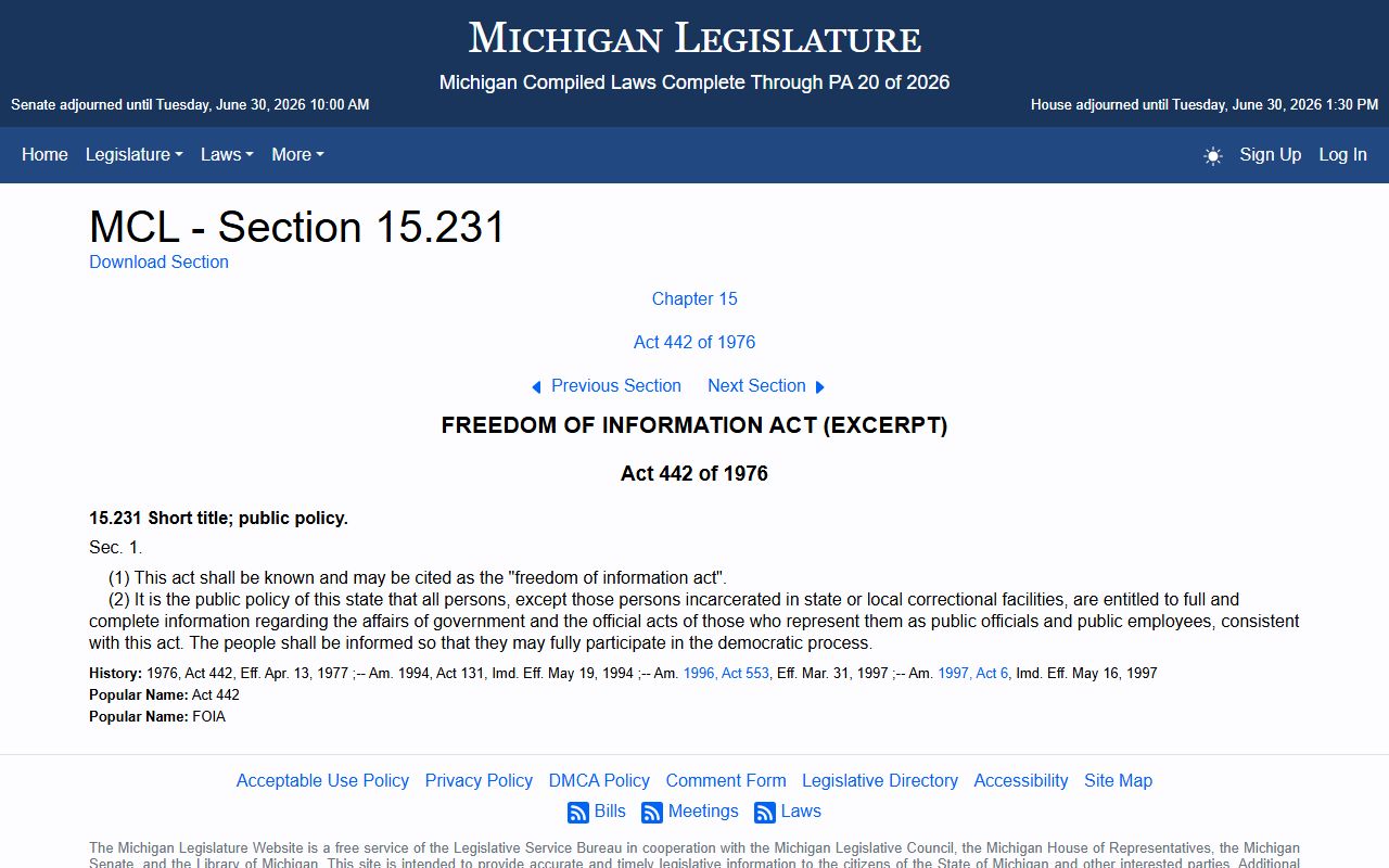 Michigan FOIA policy statute for Mecosta County Circuit Court records