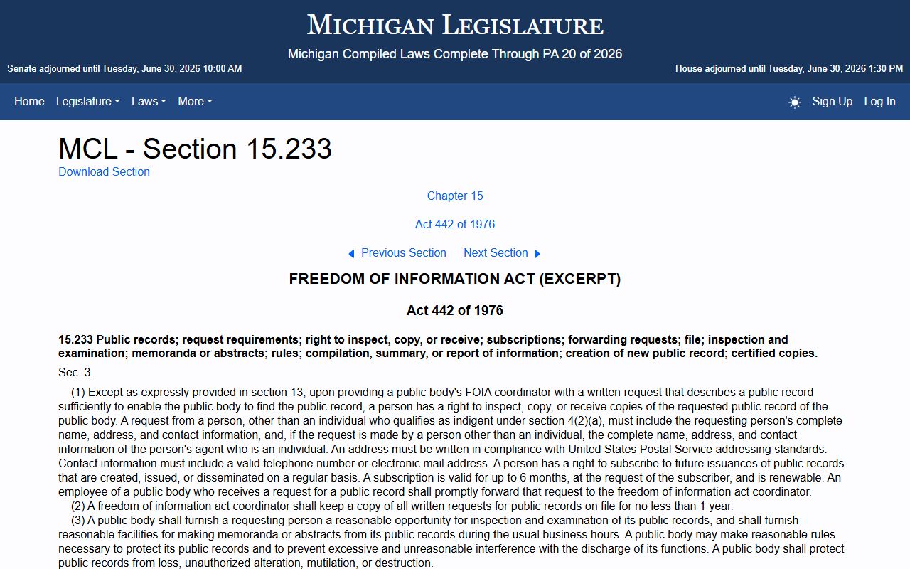 Michigan public records disclosure statute for Mecosta County Circuit Court records