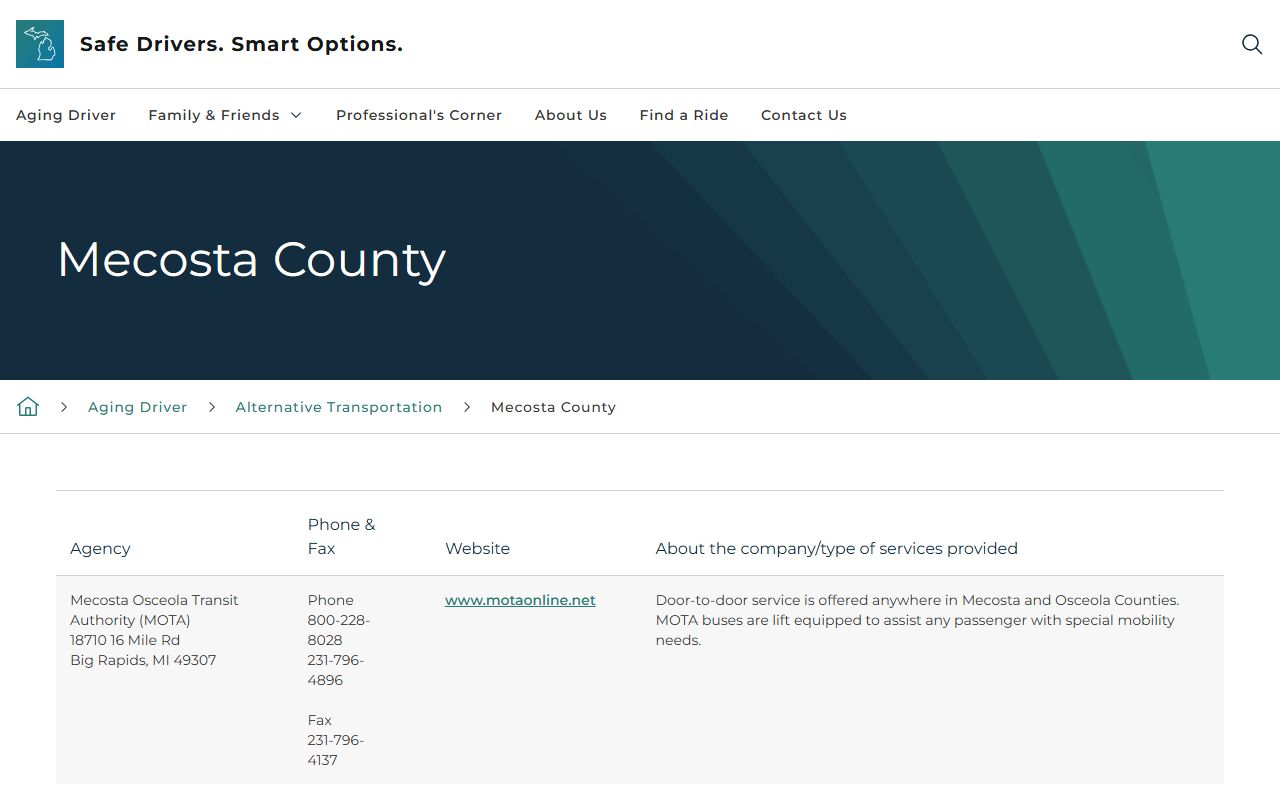 State of Michigan alternative transportation listing for Mecosta County court access