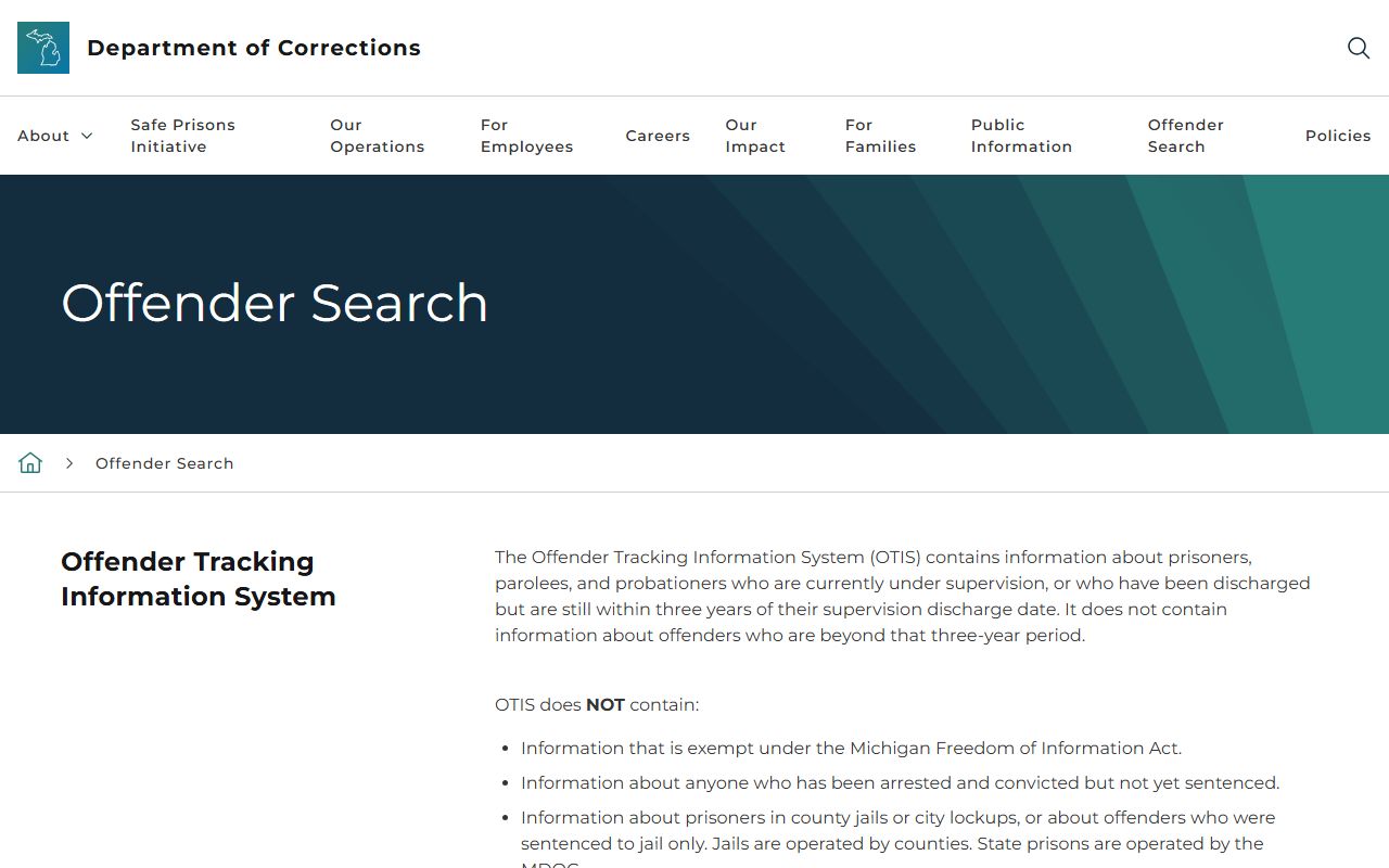 Michigan Department of Corrections OTIS overview page for offender records