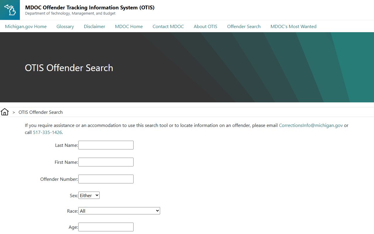 Michigan OTIS offender search form with Mecosta County inmate record fields